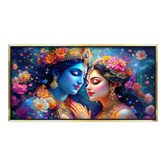 Celestial Radha Krishna: Cosmic Love & Floral Galaxy Art – Modern Spiritual Wall Decor