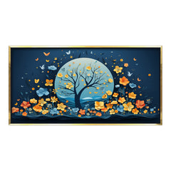 Premium Night Flower Tree Canvas Art | Blue and Orange Floral Moon Print
