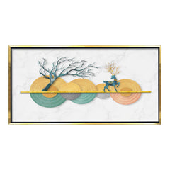 Premium Modern Geometric Deer and Tree Canvas Art | Abstract Textured Discs Gold Marble Background Print