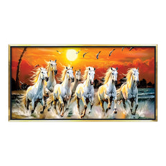 Premium 7 Running Horses at Sunrise Vastu Canvas Wall Painting with Floating Frame