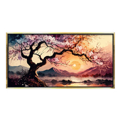 Premium Cherry Blossom Tree Sunset Canvas Art | Tranquil Asian Landscape Painting