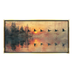 Premium Geese Flying at Sunset Canvas Art | Tranquil Lake Reflection Painting