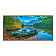 Peaceful Mountain Lake Landscape Wall Painting - Vibrant Teal Canoes & Autumn Forest Scenery