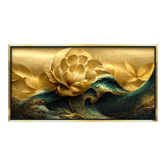 Premium Modern Golden Flower and Waves Canvas Wall Painting for Wall Decors