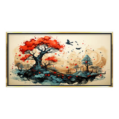 Premium Asian Ink Wash Style Art | Vibrant Red Tree and Black Frame Canvas