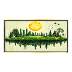 Premium Green Cityscape Reflection Canvas Art | Nature and Urban Blend Painting