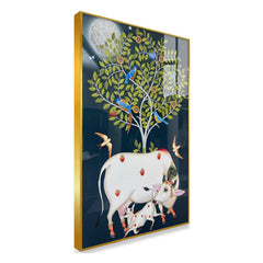 Kamdhenu Cow and Calf Acrylic Glass Painting