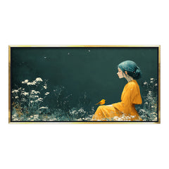 Premium Ethereal Girl and Bird Canvas Art | Dark Green Floral Portrait Painting