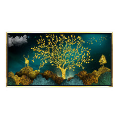 Premium Luxury Gilded Golden Tree and Stag Abstract Wall Art | Dark Teal Textured Landscape Canvas