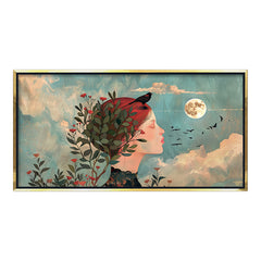 Premium Dreamy Woman Portrait Canvas Art | Full Moon and Birds Wall Decor