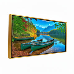 Peaceful Mountain Lake Landscape Wall Painting - Vibrant Teal Canoes & Autumn Forest Scenery