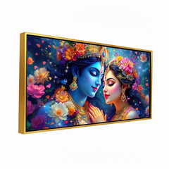 Celestial Radha Krishna: Cosmic Love & Floral Galaxy Art – Modern Spiritual Wall Decor