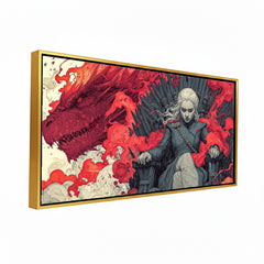 Dragon Queen on Iron Throne Fantasy Canvas Art | Dramatic Red Dragon Fire Pop Culture Print