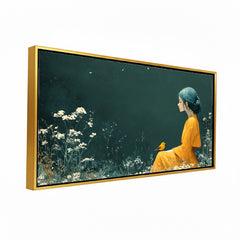 Premium Ethereal Girl and Bird Canvas Art | Dark Green Floral Portrait Painting