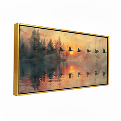 Premium Geese Flying at Sunset Canvas Art | Tranquil Lake Reflection Painting