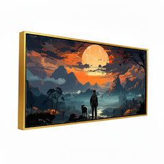 Premium Epic Fantasy Landscape Wall Art | Traveler and Dog at Sunset Full Moon Canvas Print