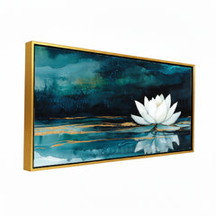 Premium White Lotus Flower Canvas Art | Deep Teal and Gold Abstract Painting
