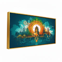Premium Ornate Indian Goddess and Mandala Skyline Canvas | Vibrant Teal and Orange Cultural Art Print