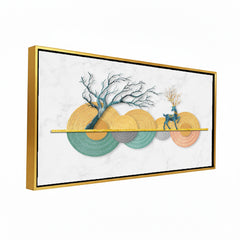 Premium Modern Geometric Deer and Tree Canvas Art | Abstract Textured Discs Gold Marble Background Print