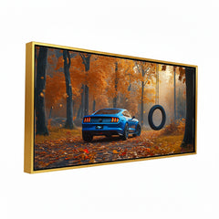 Premium Blue Sports Car Autumn Forest Canvas Painting - Nature & Car Wall Art for Living Room