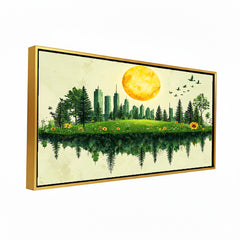 Premium Green Cityscape Reflection Canvas Art | Nature and Urban Blend Painting