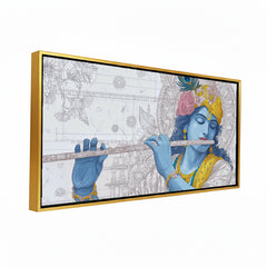 Lord Krishna Flute Player Canvas Art | Detailed Line Art Blue Bansuri Spiritual Print