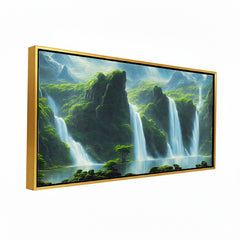 Premium Majestic Triple Waterfall Canvas Art | Lush Green Valley Landscape Painting