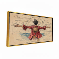 Straw Hat Pirate Epic Pose Wall Art | Vintage Chart Nautical Anime Illustration| Pirate Figure on Compass Chart Background