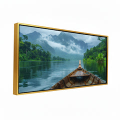 Premium Wooden Boat in Misty Mountain Lake Canvas Painting - Nature Wall Art for Living Room