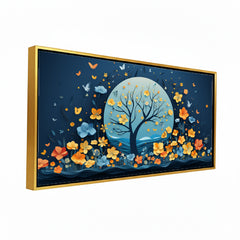 Premium Night Flower Tree Canvas Art | Blue and Orange Floral Moon Print