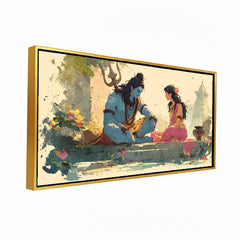 Lord Shiva and Parvati Dialogue Canvas Art | Soft Watercolor Divine Couple Spiritual Print