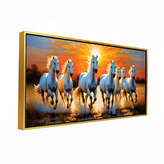 Premium Design Seven Running Horses With Sunrise Canvas Wall Paintings For Home Decors