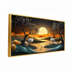 Golden Moonrise & Twin Cranes: High-Contrast Oriental Landscape – Premium Wall Decor