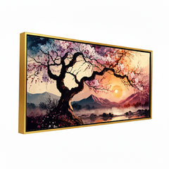Premium Cherry Blossom Tree Sunset Canvas Art | Tranquil Asian Landscape Painting
