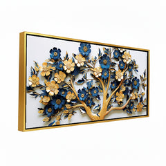 Premium Golden and Blue Floral Tree Canvas Painting - 3D Style Wall Art  for Living Room