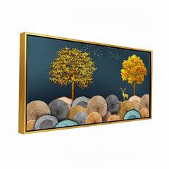 Premium Luxury Golden Tree Deer Wall Art Print | Modern Abstract Log Texture Landscape Canvas