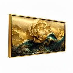 Premium Modern Golden Flower and Waves Canvas Wall Painting for Wall Decors