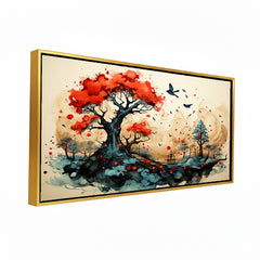 Premium Asian Ink Wash Style Art | Vibrant Red Tree and Black Frame Canvas
