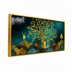 Premium Luxury Gilded Golden Tree and Stag Abstract Wall Art | Dark Teal Textured Landscape Canvas