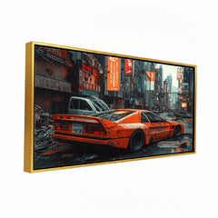 Premium Cyberpunk Orange Sports Car Canvas Painting - Futuristic Wall Art  for Office & Room Décor