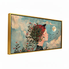 Premium Dreamy Woman Portrait Canvas Art | Full Moon and Birds Wall Decor