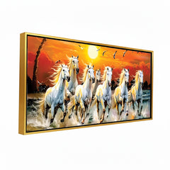 Premium 7 Running Horses at Sunrise Vastu Canvas Wall Painting with Floating Frame