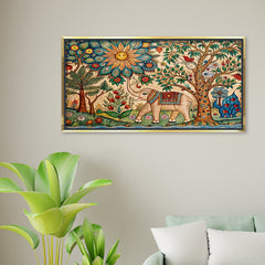 Premium Mithila Art Elephant & Tree of Life Painting | Traditional Madhubani Style Canvas Print for Wall Decor