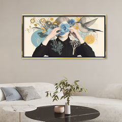 Premium Surreal Woman and Flower Canvas Art | Hummingbird and Botanical Collage Print