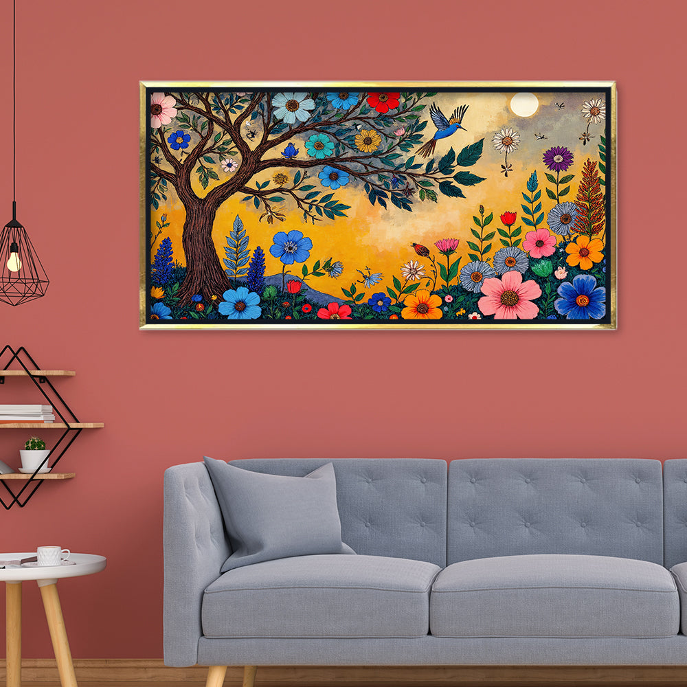 premium Whimsical Flower Garden Canvas Art | Vibrant Folk Art Tree Painting