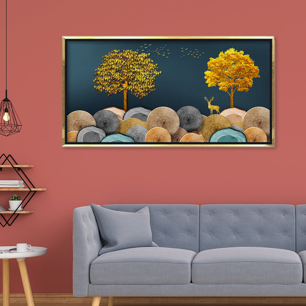 Premium Luxury Golden Tree Deer Wall Art Print | Modern Abstract Log Texture Landscape Canvas