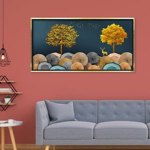 Premium Luxury Golden Tree Deer Wall Art Print | Modern Abstract Log Texture Landscape Canvas