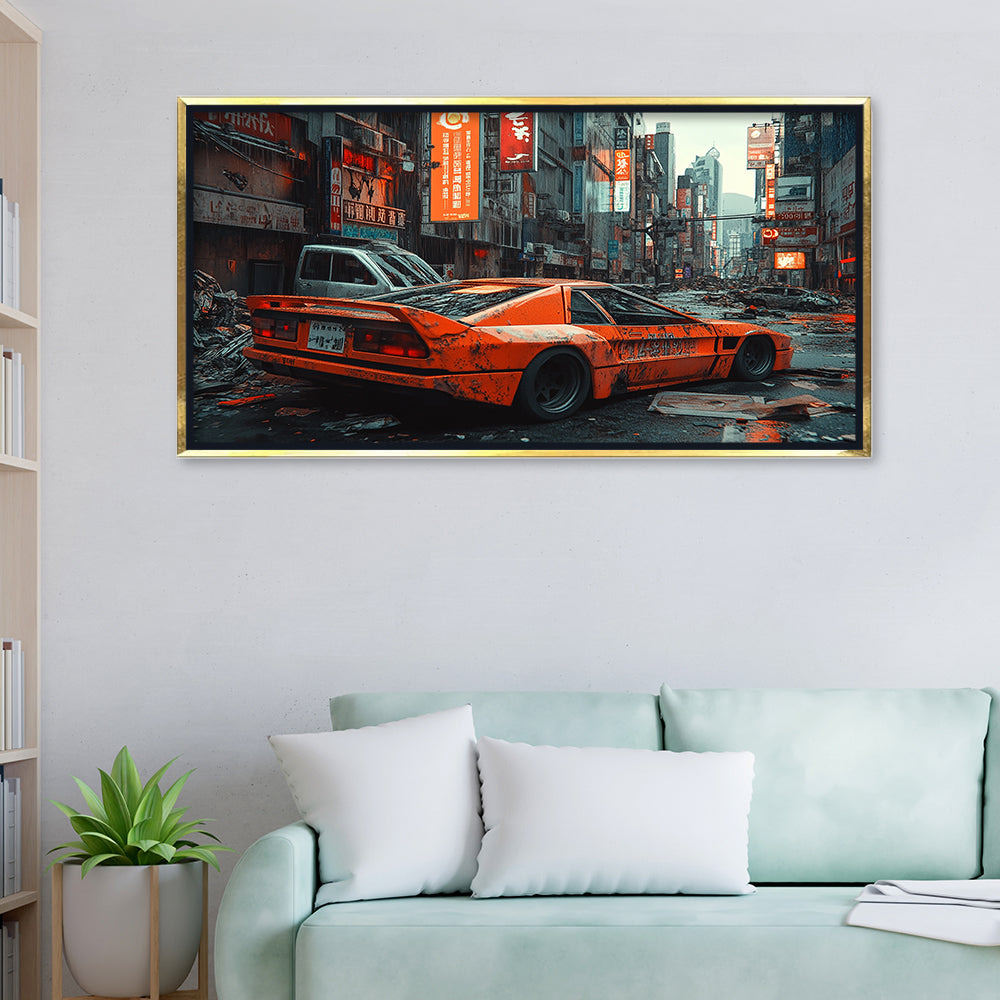 Premium Cyberpunk Orange Sports Car Canvas Painting - Futuristic Wall Art  for Office & Room Décor