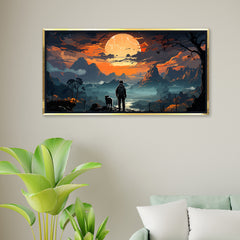 Premium Epic Fantasy Landscape Wall Art | Traveler and Dog at Sunset Full Moon Canvas Print