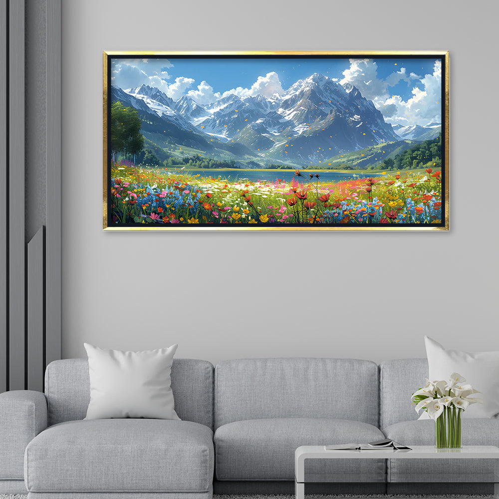 Premium Mountain Landscape Canvas Art | Wildflower Meadow and Lake Painting